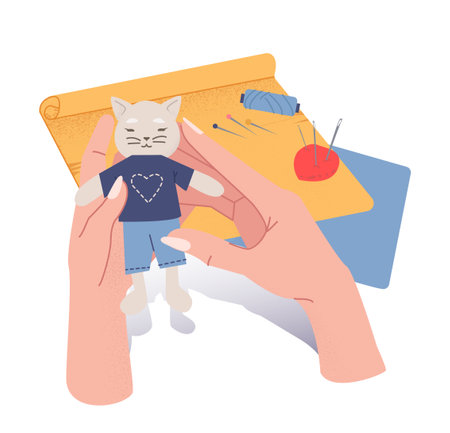 Hands with needlework. Top view of hands embroidering cute toy. Creative craft hobby or entertainment. Handicraft and diy at workshop. Flat vector illustrationのイラスト素材