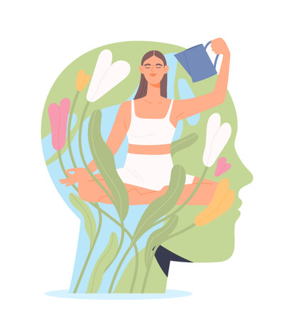 Mental health. Happy woman with healthy mindset. Young girl in lotus position with blooming flowers in her mind. Self development and acceptance. Flat vector illustrationのイラスト素材