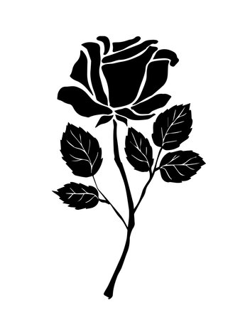 Black silhouettes of decorative rose. Monochrome hand drawn rose with bud, stem and leaves. Flowering plant. Design element for wedding invitation. Flat vector illustrationのイラスト素材