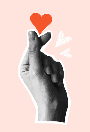 Hands showing heart. Black and white grunge style arm with small red heart showing peace gesture. Symbol of love. Design element for social networks. Trendy y2k vector illustrationのイラスト素材