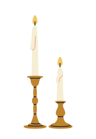 Cute girly sticker. Aesthetic icon with burning wax candles in vintage candlesticks. Adorable feminine clipart. Design element for print. Flat vector illustrationのイラスト素材