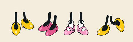 70s groovy comic set. Cute retro icons with cartoon feet in different stylish shoes. Design Elements for Stickers. Outline doodle illustration collectionのイラスト素材
