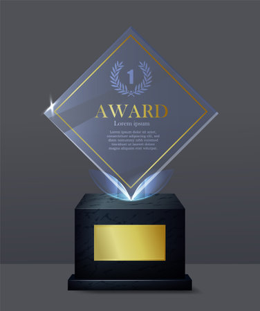 Glass award trophy. Transparent crystal statuette for awarding winners in competitions. Geometric Prize template with golden lettering. Realistic 3D vector illustrationのイラスト素材