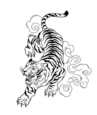 Fierce tiger with swirling clouds. Vector illustrationのイラスト素材