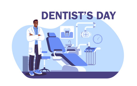 Dentist standing in dental clinic room. Vector illustrationのイラスト素材