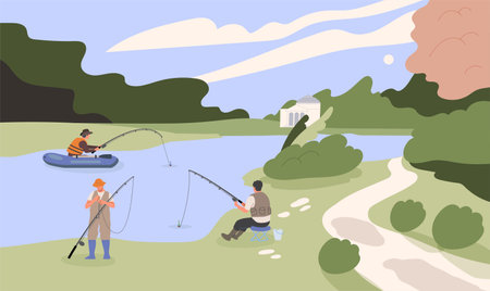 Men fishing by a peaceful lake scene. Vector illustrationのイラスト素材