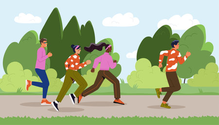 Group of people jogging in park trail. Vector illustrationのイラスト素材