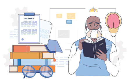 Elderly man reading book with diploma.. Vector illustrationのイラスト素材