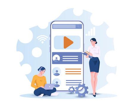 Teamwork on mobile content strategy. Vector illustrationのイラスト素材