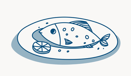 Cooked fish on plate with lemon slice. Vector illustrationのイラスト素材