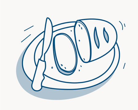 Sliced bread and knife on plate outline. Vector illustrationのイラスト素材
