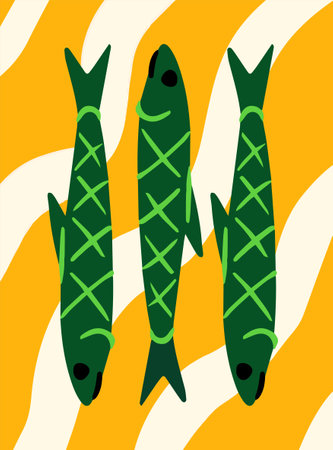 Three green fish on wavy orange background. Vector illustrationのイラスト素材