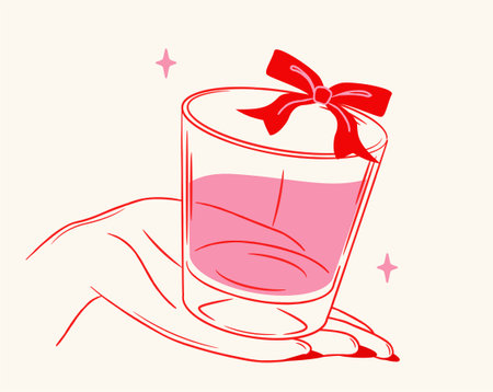 Hand holding glass with red bow gift. Vector illustrationのイラスト素材