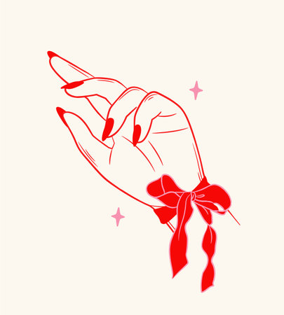 Elegant hand with red ribbon tied around wrist. Vector illustrationのイラスト素材