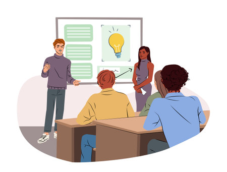 Students presenting in classroom setting. Vector illustrationのイラスト素材
