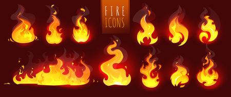 Burning flame icons set on dark background. Vector illustrationのイラスト素材