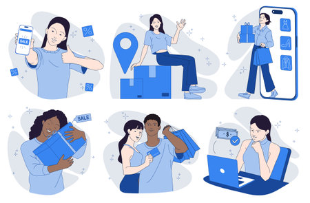 E-commerce and sales. Happy men and women shopping online, holding packages with purchases and pay for orders online. Flat vector illustration collectionのイラスト素材