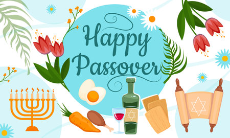 Happy Passover banner. Colorful poster or greeting card with Wine, Matzah and Pesach for celebrating religious Jewish holiday. Cartoon flat vector illustrationのイラスト素材