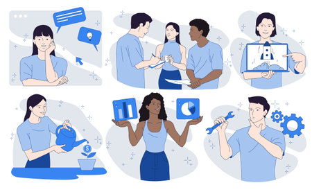 Marketing and Business Growth. Male and female entrepreneurs analyze statistics, come up with creative ideas, discuss project and launch startup. Flat vector illustrationのイラスト素材