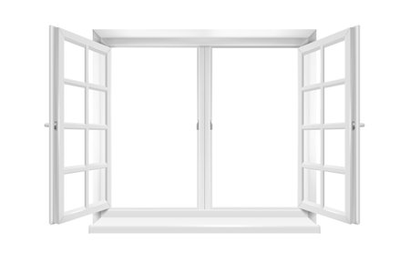 Open window. Plastic or wooden white window with two sashes with double glazing. Design element for interior of house or apartment. Realistic 3D vector illustrationのイラスト素材