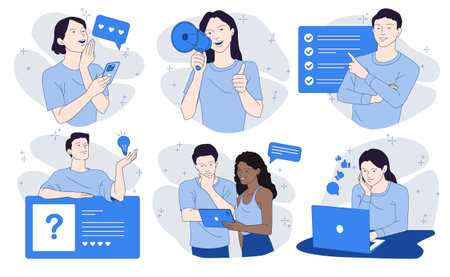 Social media users. Happy men and women scroll their feed on social network, post, attract audience and communicate with subscribers. Flat vector illustration collectionのイラスト素材
