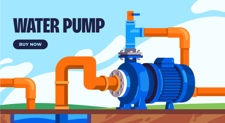 Water pump with connected pipes. Banner or landing page template with pump for pumping water from well. Technical equipment for water station. Cartoon flat vector illustrationのイラスト素材