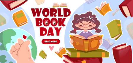 World Book Day background. Banner with happy little girl sitting on stack of books and reading interesting fairy tale. Love for Literature. Cartoon flat vector illustrationのイラスト素材
