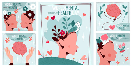 World Mental Health day. Colorful posters or banners with silhouettes of people with blooming flowers. Solving psychological disorders. Flat vector illustration isolated on backgroundのイラスト素材
