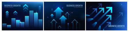 Business Growth Banner Set. Futuristic gradient backdrops with iridescent upward arrows as symbol of economic development and profits. Neon vector illustration collectionのイラスト素材