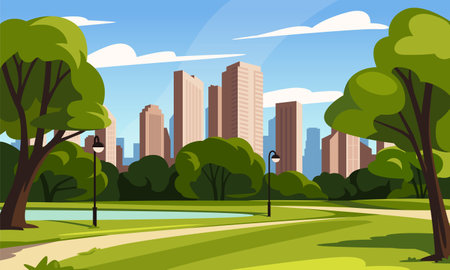City park landscape. Beautiful natural scenery with trees, green fields and lake against backdrop of tall city skyscrapers. Cartoon flat vector illustrationのイラスト素材