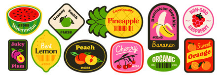 Retro Fruit Sticker Set. Fruit barcode labels for supermarkets and farm shops. Trendy badges with lemon, peach, banana and pineapple. Flat vector illustration collectionのイラスト素材