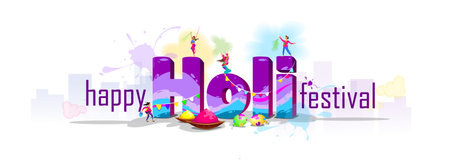 Happy Holi festival. Banner with cityscape and dancing people on lettering. Design element for celebrating traditional Indian festival of colors. Watercolor vector illustrationのイラスト素材