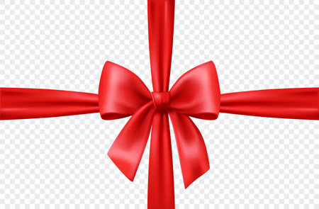 Red festive bow. Shiny red ribbon tied into bow for decorative gift wrapping, presents and holiday surprises. Design for vouchers. Realistic 3D vector illustrationのイラスト素材