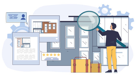 Man inspecting hotel building closely. Vector illustrationのイラスト素材