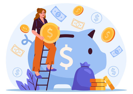 Woman saving money in giant piggy bank. Vector illustrationのイラスト素材