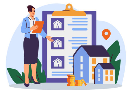 Real estate agent showing property list. Vector illustrationのイラスト素材