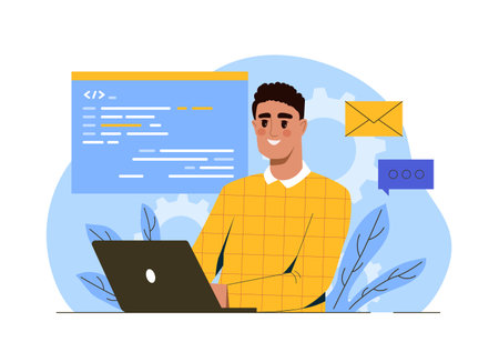 Smiling programmer at his computer desk. Vector illustrationのイラスト素材