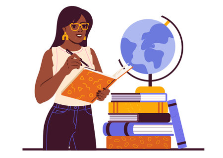 Woman writing near books and globe. Vector illustrationのイラスト素材