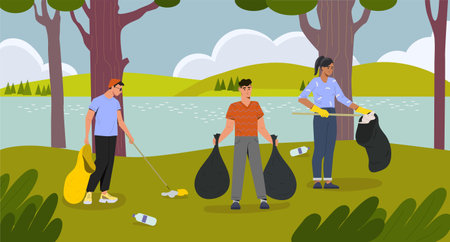 Volunteers clean nature. Men and women pick up trash and put it in black bags. Caring for nature and environment. Eco friendly activists cleaning up trash. Flat vector illustrationのイラスト素材