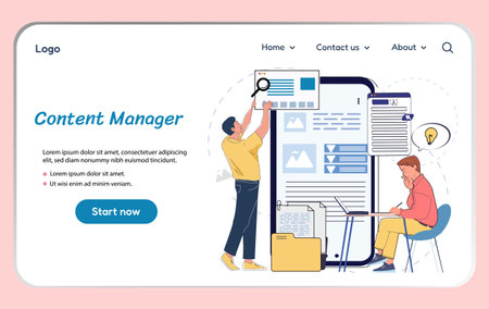 Content manager landing page. Men develop content for Internet and social networks. Team of talented authors and content creators. Poster or banner for website. Linear vector illustrationのイラスト素材
