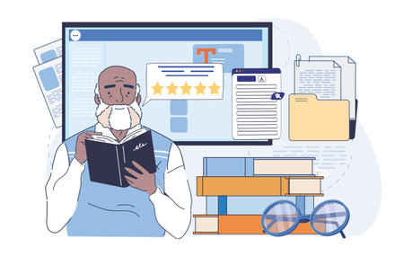 Critic read book. Old man with book near stack of textbooks and fiction. Journalist and literary critic. Analysis and evaluation of literary works. Linear vector illustrationのイラスト素材