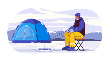 Man fishing in winter. Young guy in warm clothes sits with fishing rod near ice hole. Active lifestyle and leisure. Fisherman catch fish in cold weather. Flat vector illustrationのイラスト素材
