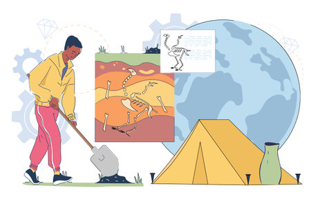 Geologist digs soil. Man with shovel digging ground. Archaeologist searches for dinosaur bones. Topography and geology, archeology. Scientific research. Linear vector illustrationのイラスト素材