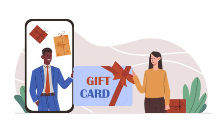 Man gives gift card. Young guy on smartphone screen gives girl bonus card. Coupon and certificate. Discounts and sales. Marketing and advertising, promotion. Flat vector illustrationのイラスト素材