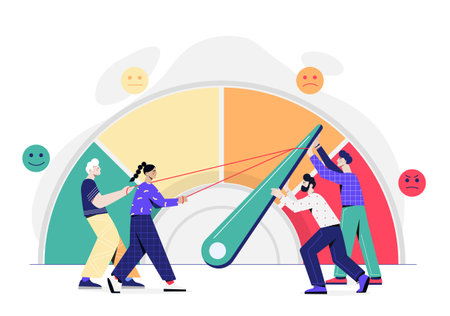 People with mood gauge meter. Men and woman push feelings indicator. Anxiety and stress, mental burnout. Tired people with emotions meter. Flat vector illustrationのイラスト素材