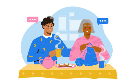 Grandson with grandmother. Old woman and boy drinking tea with dessert. Family spending time together indoors. Help and support. Good relations. Flat vector illustrationのイラスト素材