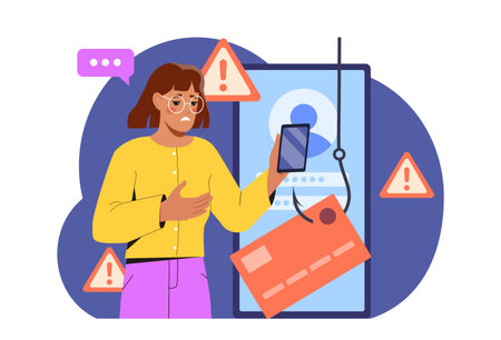 Woman suffer from hacker attack. Young girl with smartphone near bank card on hook. Scammer and hacker steals personal data, cybercrime. Flat vector illustrationのイラスト素材