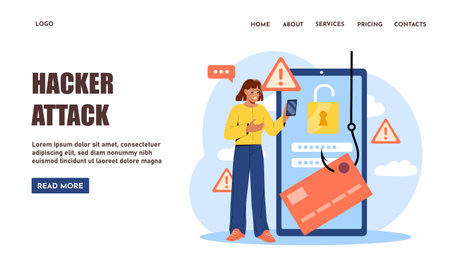 Hacker attack landing page. Young girl with smartphone near bank card on hook. Scammer and hacker steals personal data, cybercrime. Poster or banner for website. Flat vector illustrationのイラスト素材