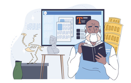 Historian man with book. Old man read textbook. Scientist explores ancient civilizations. Education and training, learning. Teacher in library. Linear vector illustrationのイラスト素材