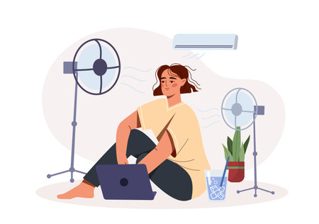 Woman with home fan. Young girl with laptop sitting near fans. Hot weather and summertime. Worker suffer from heat in summer season. Conditioning at home. Flat vector illustrationのイラスト素材